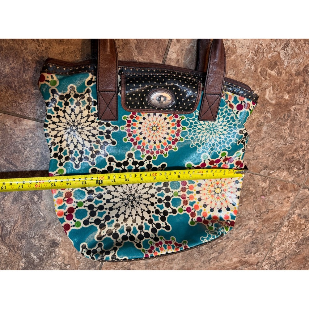 Fossil Key-Per Coated Canvas Tote Bag Teal Kaleidoscope Mandala Shoulder Bag